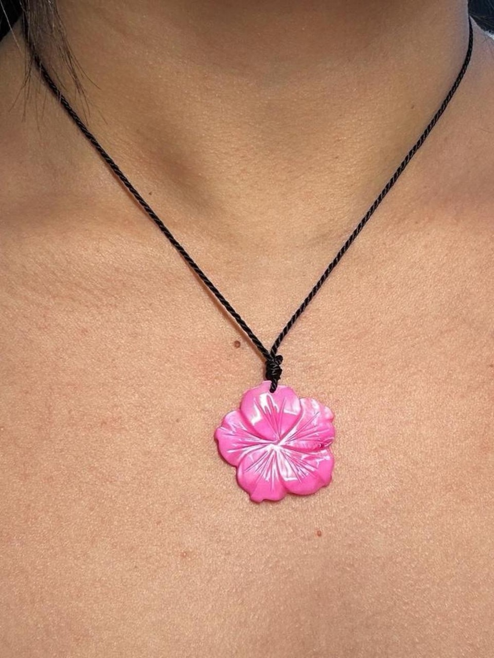 Hand Crafted Pink Flower Pendant Necklace mother of pearl adjustable cord
